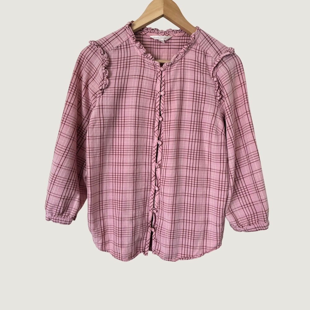 Lauren Conrad Pink Plaid Ruffle Button Front Blouse Top Womens M feminine chic